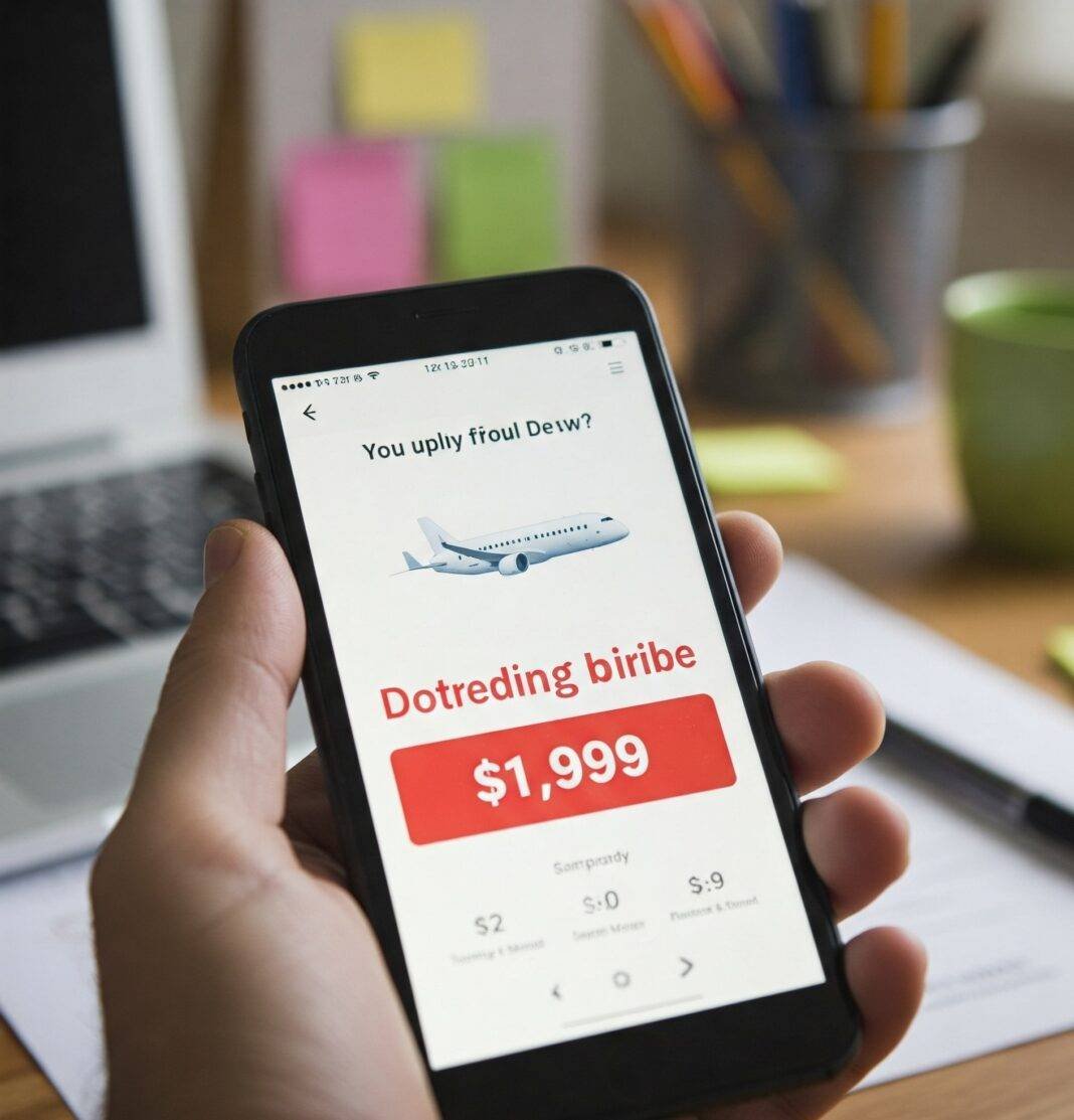 Phone screen showing a cheap flight price on a messy desk