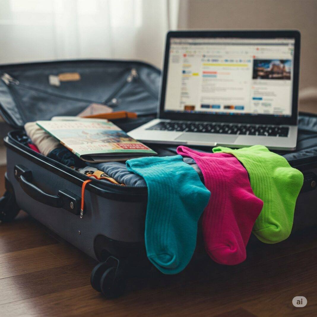 Half-packed suitcase, travel guidebook
