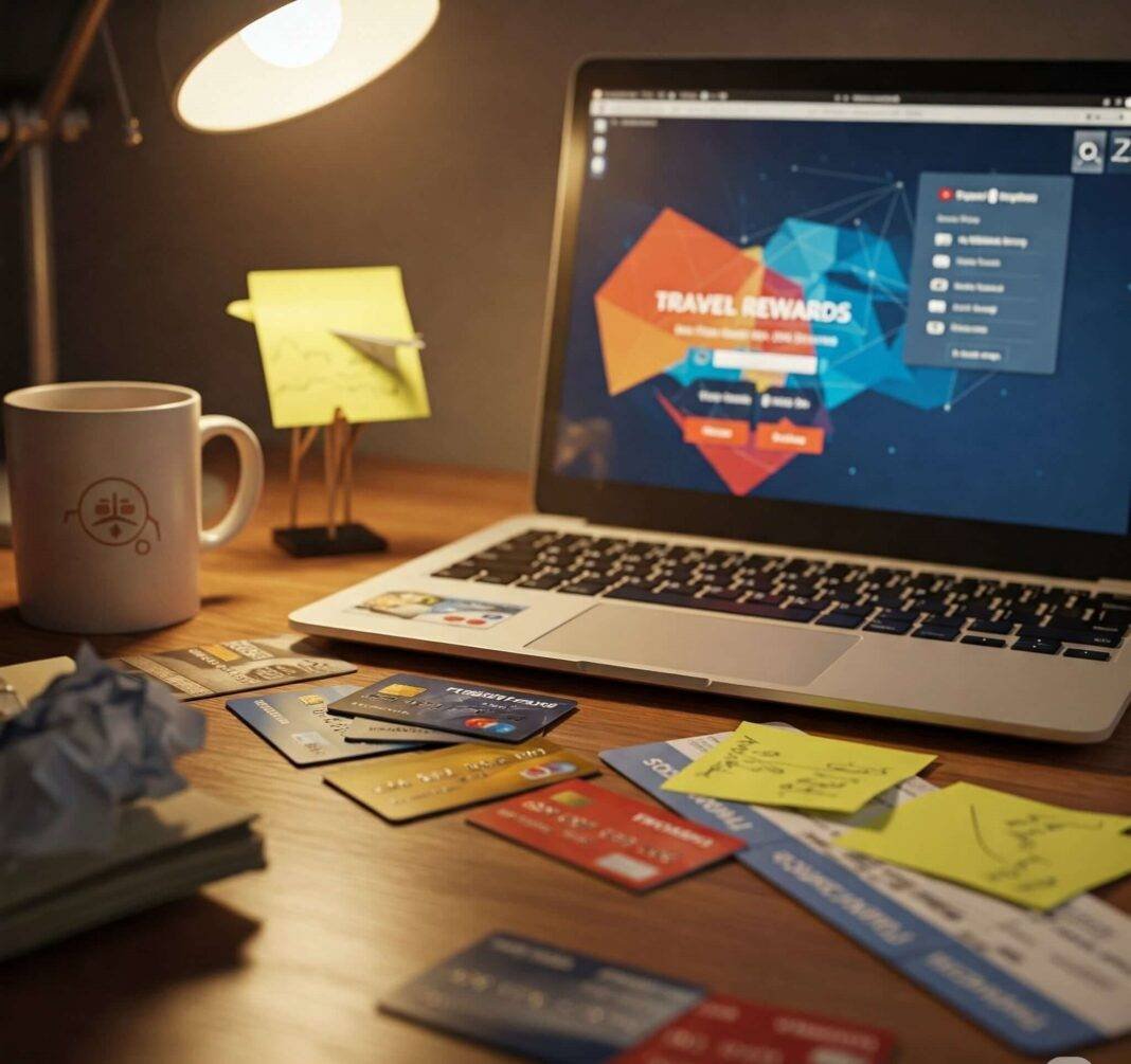 Cluttered travel hacking desk with credit cards