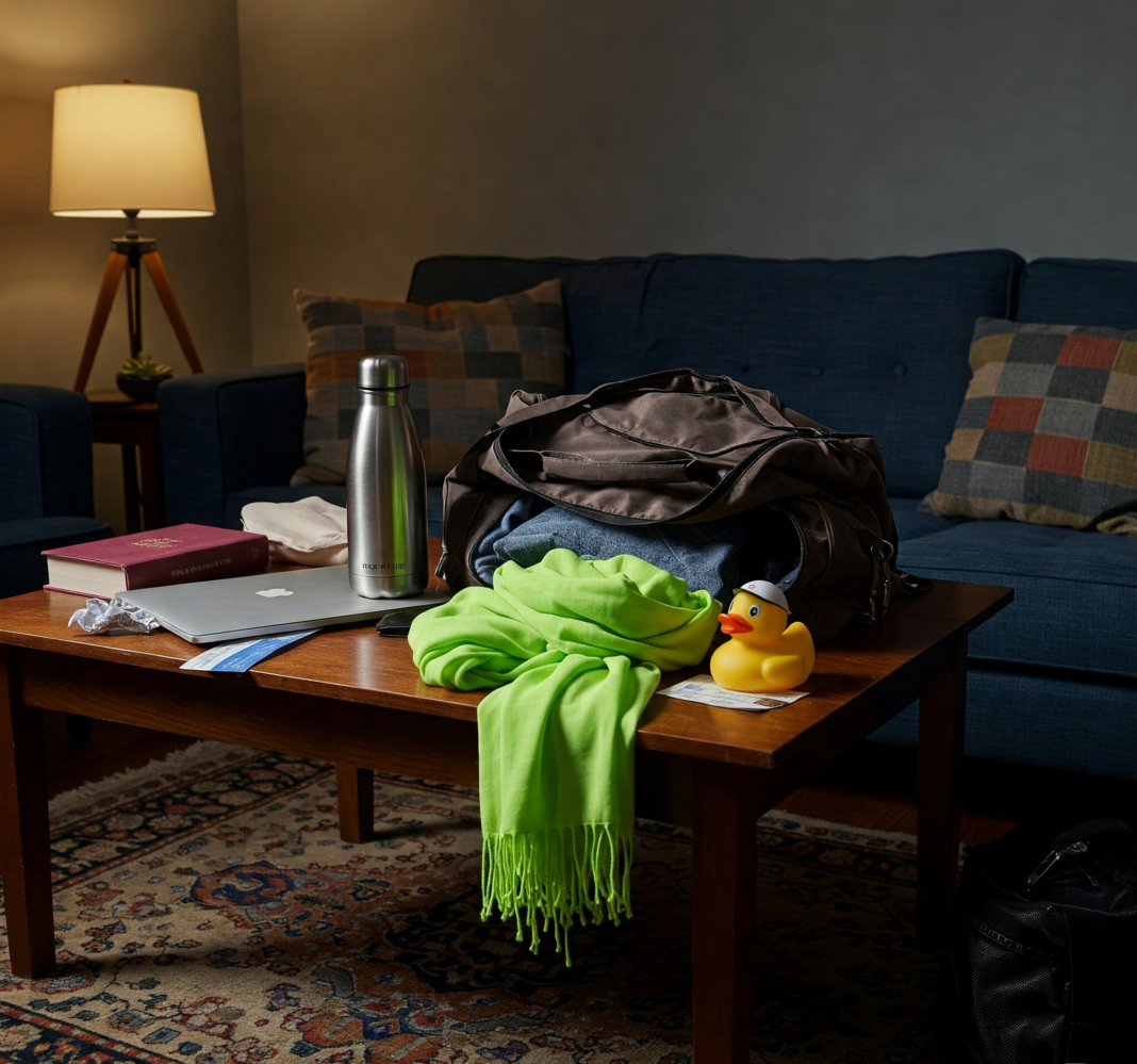 Half-packed carry-on bag spilling out on a coffee table with travel items.