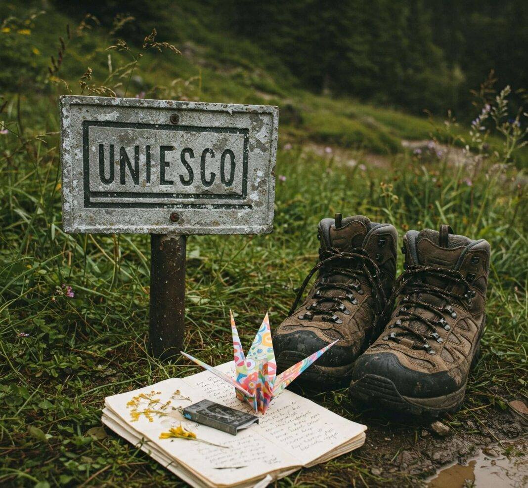 Weathered UNESCO signpost, travel journal, and muddy boots