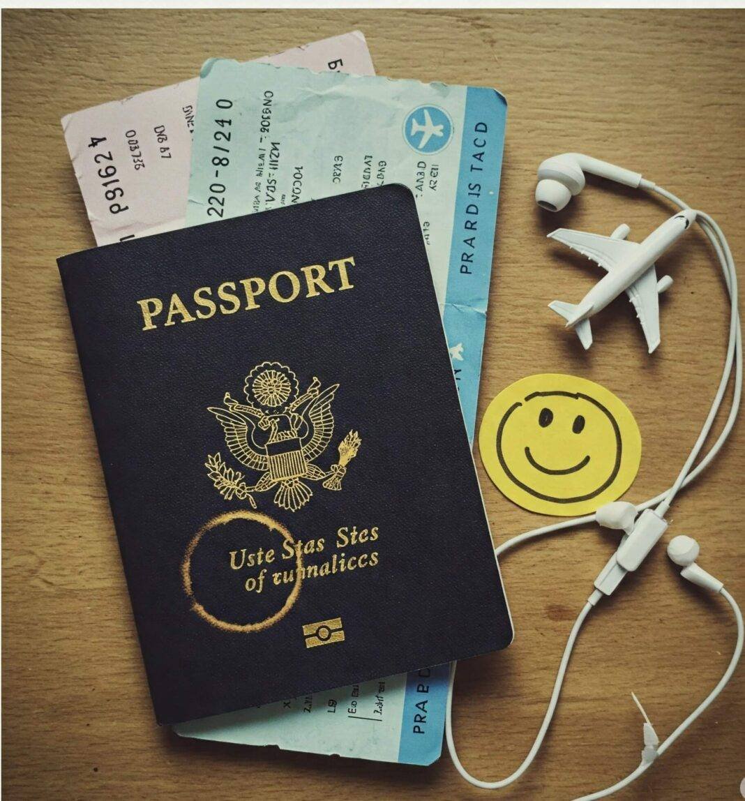 Vintage photo of U.S. passport with coffee stain
