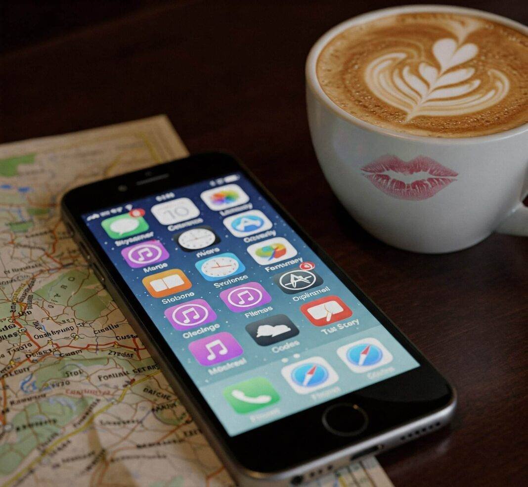 Messy Travel App Moment - Smartphone, Coffee, and Map