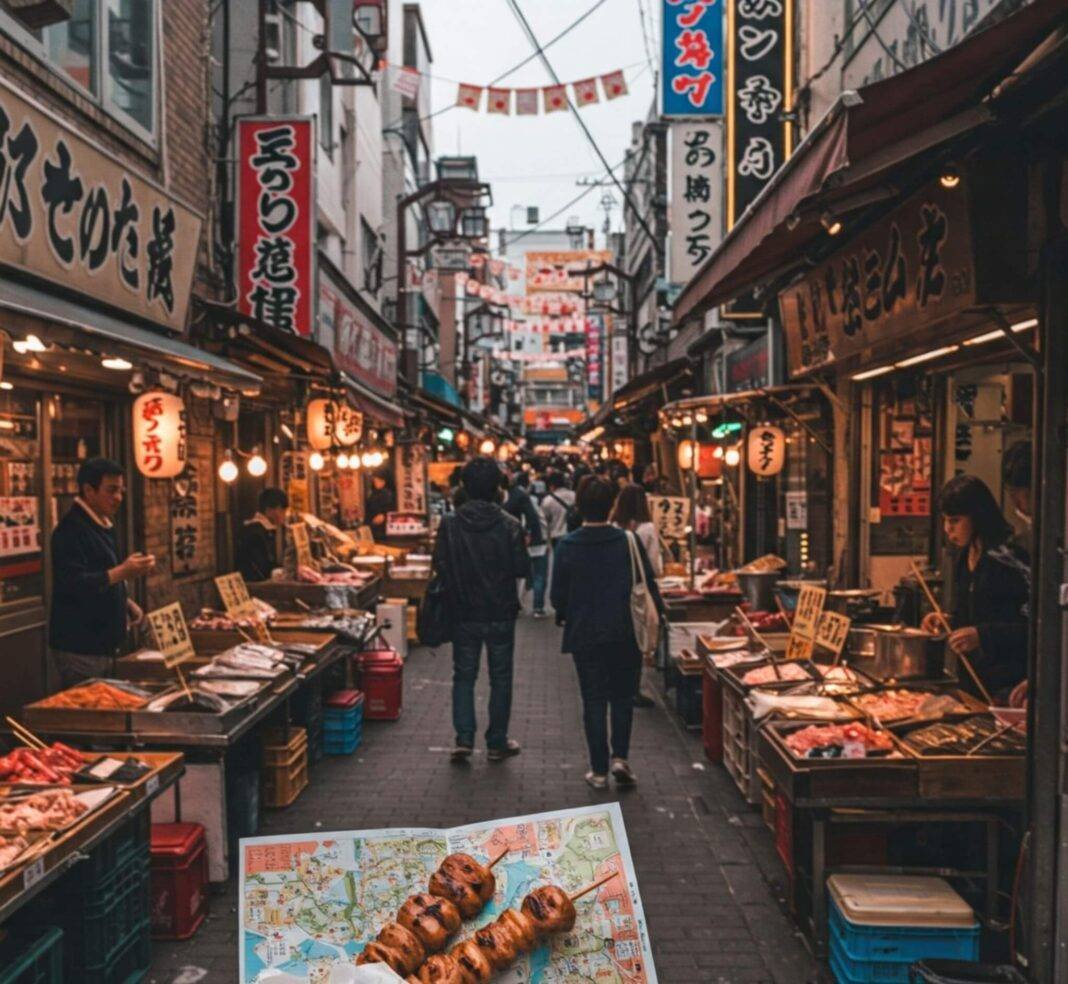 Tokyo street market with stalls, map, yakitori, and cat
