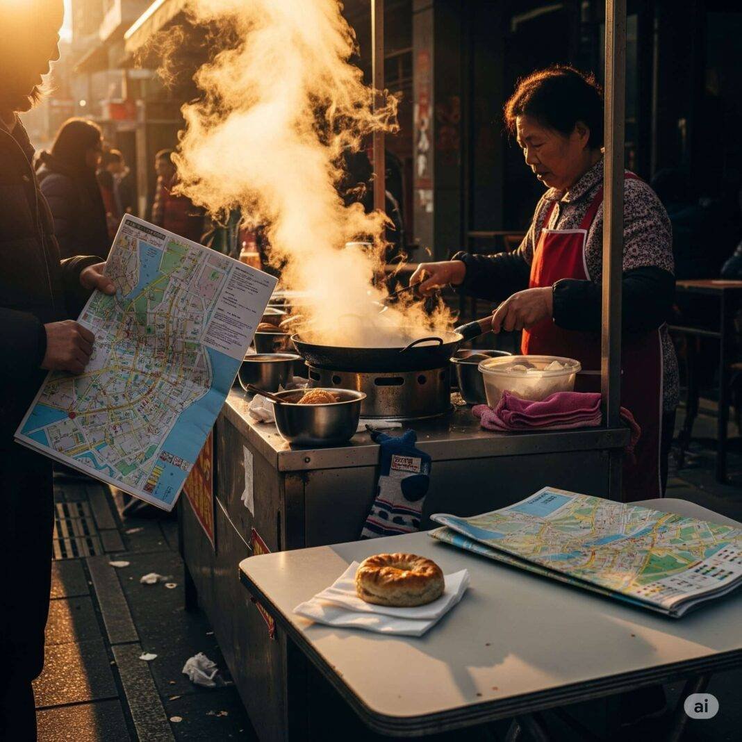 Vibrant street food tour scene: Sizzling pan