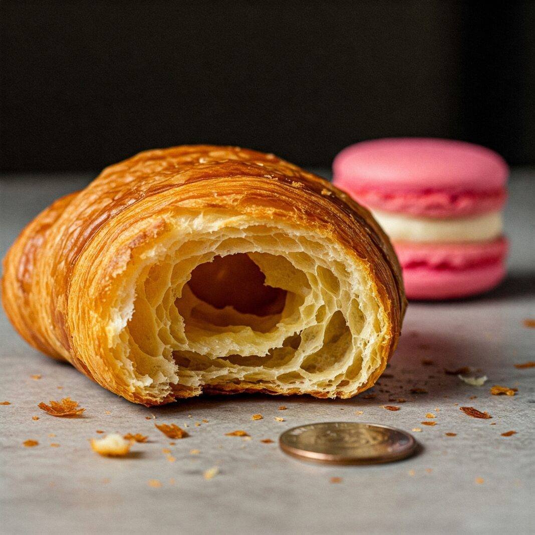 Messy croissant with American dime