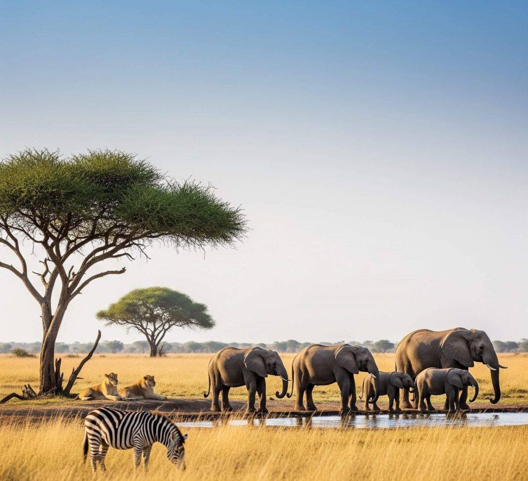 African savanna with elephants, lions, and zebra