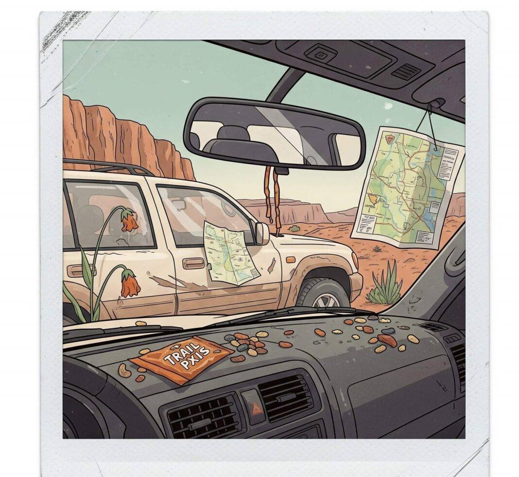 Vintage SUV at desert cliff