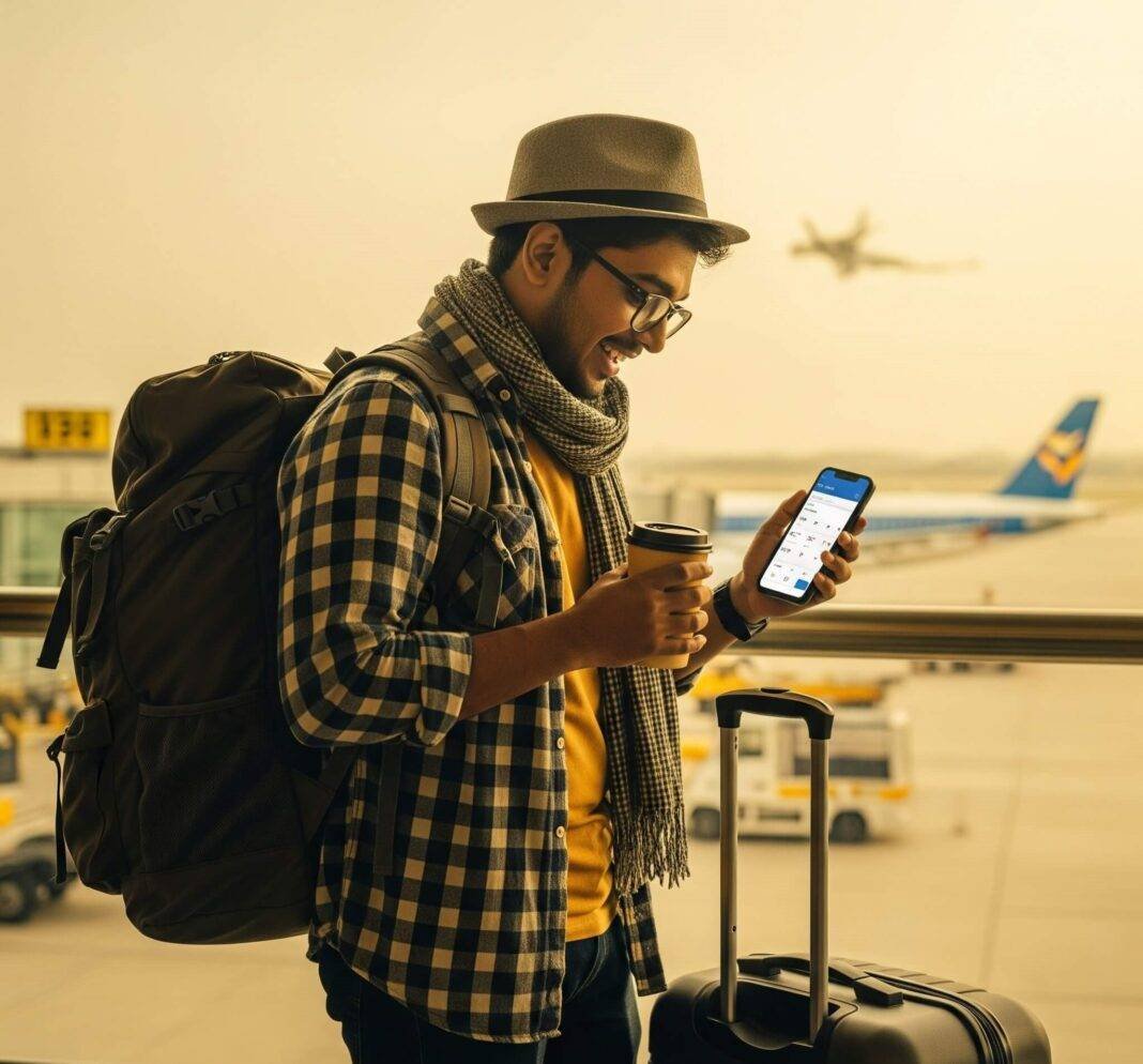 Traveler checking flight prices at airport