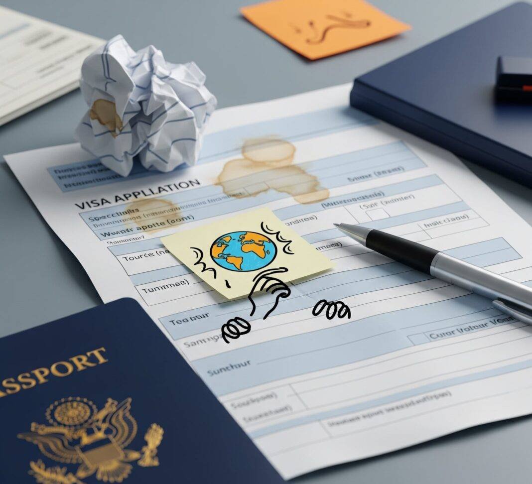 Visa application mess on a cluttered desk.