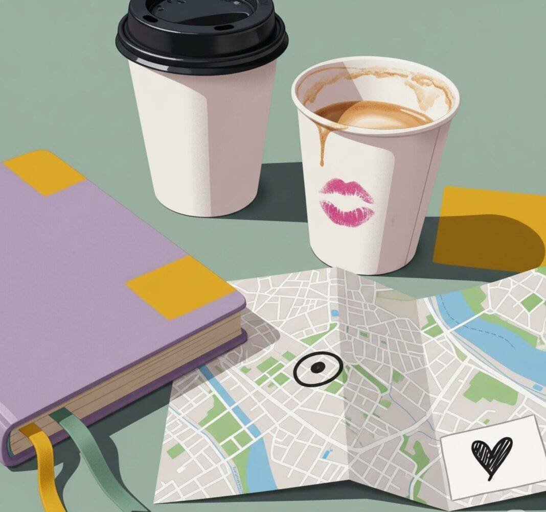 Travel journal, coffee cup, and city map