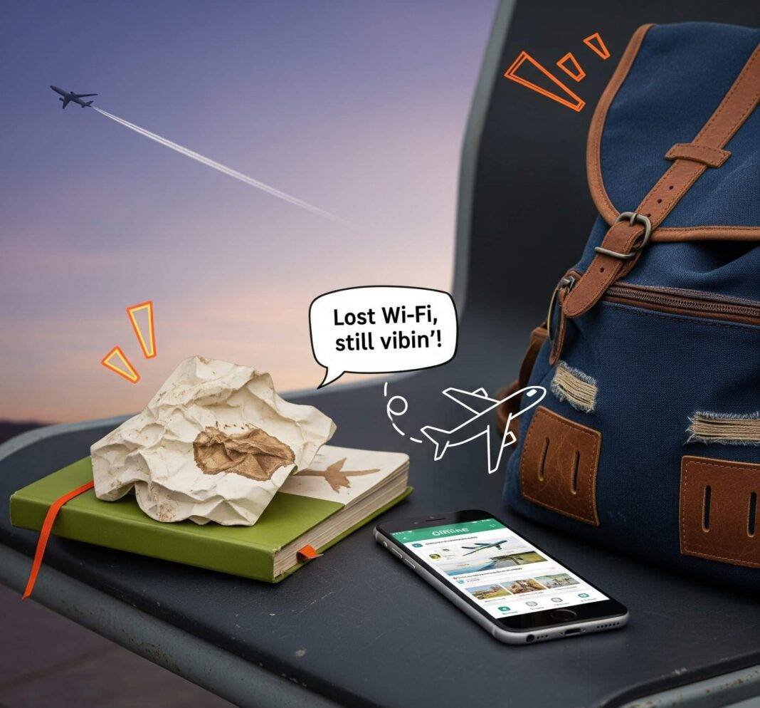 Crumpled journal and phone with offline travel app