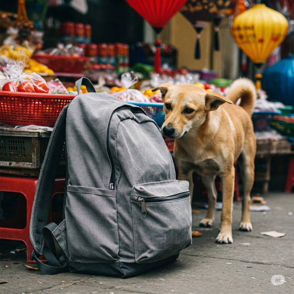 Backpack and dog at Hanoi market