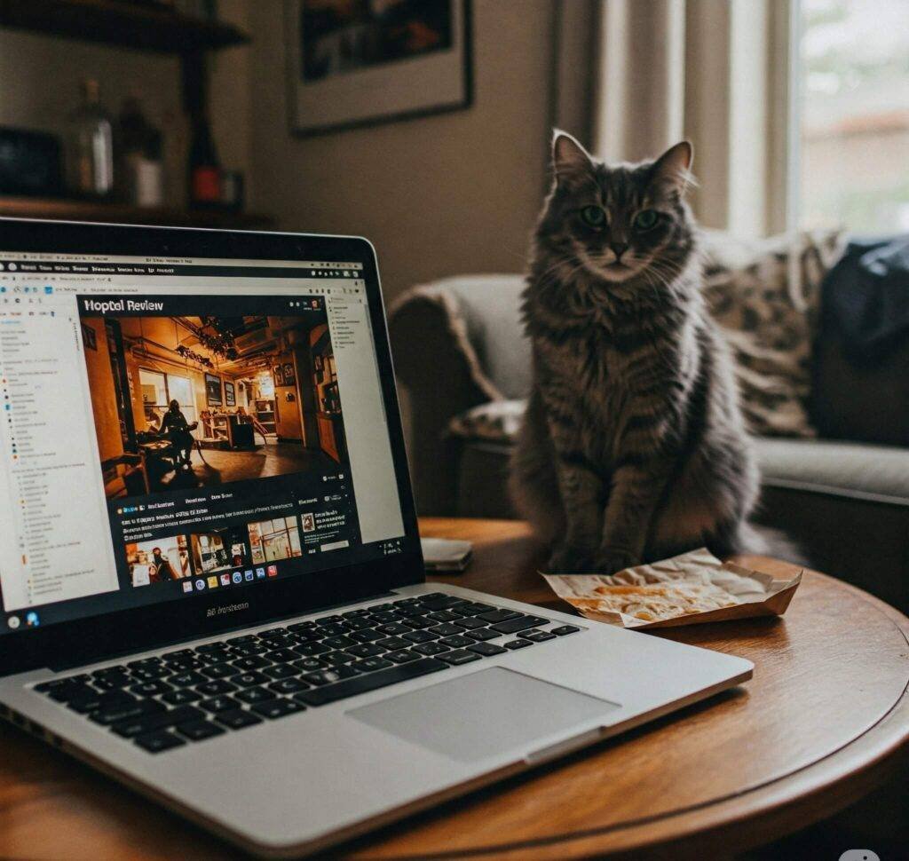 Laptop mess with hostel review, taco wrapper, and a cat