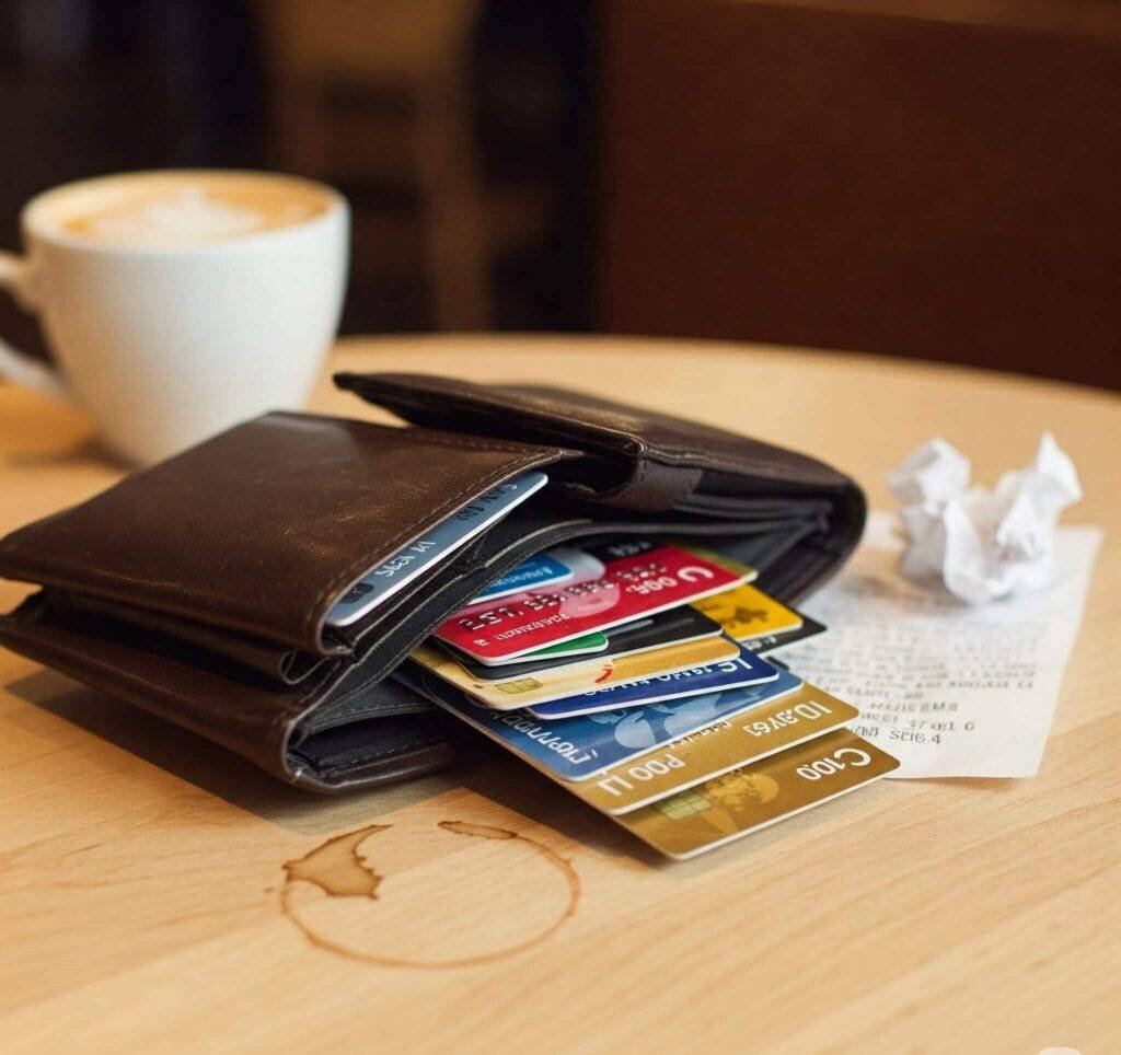 Overstuffed wallet with credit cards spilling on cafe table