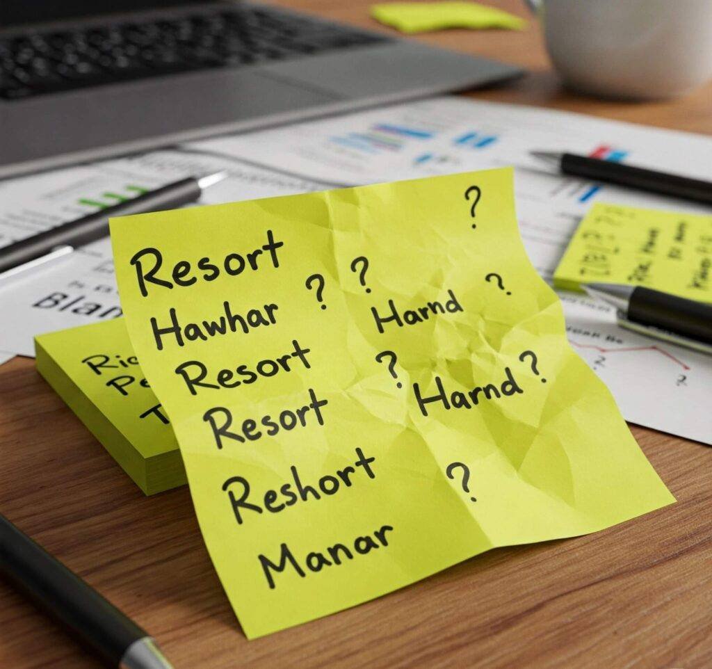 Crumpled yellow sticky note with a hastily scribbled list of resort names