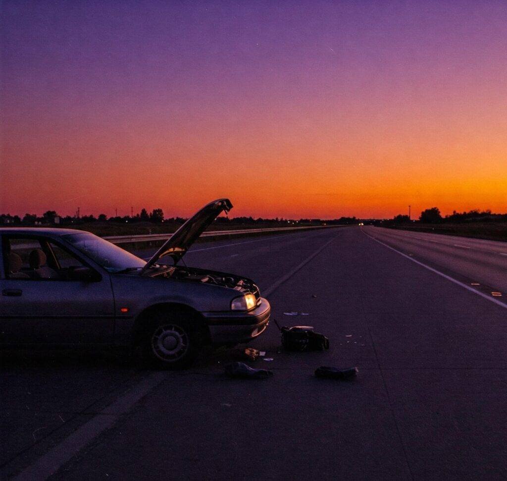 Beat-up car with hood popped open on a deserted highway at dusk