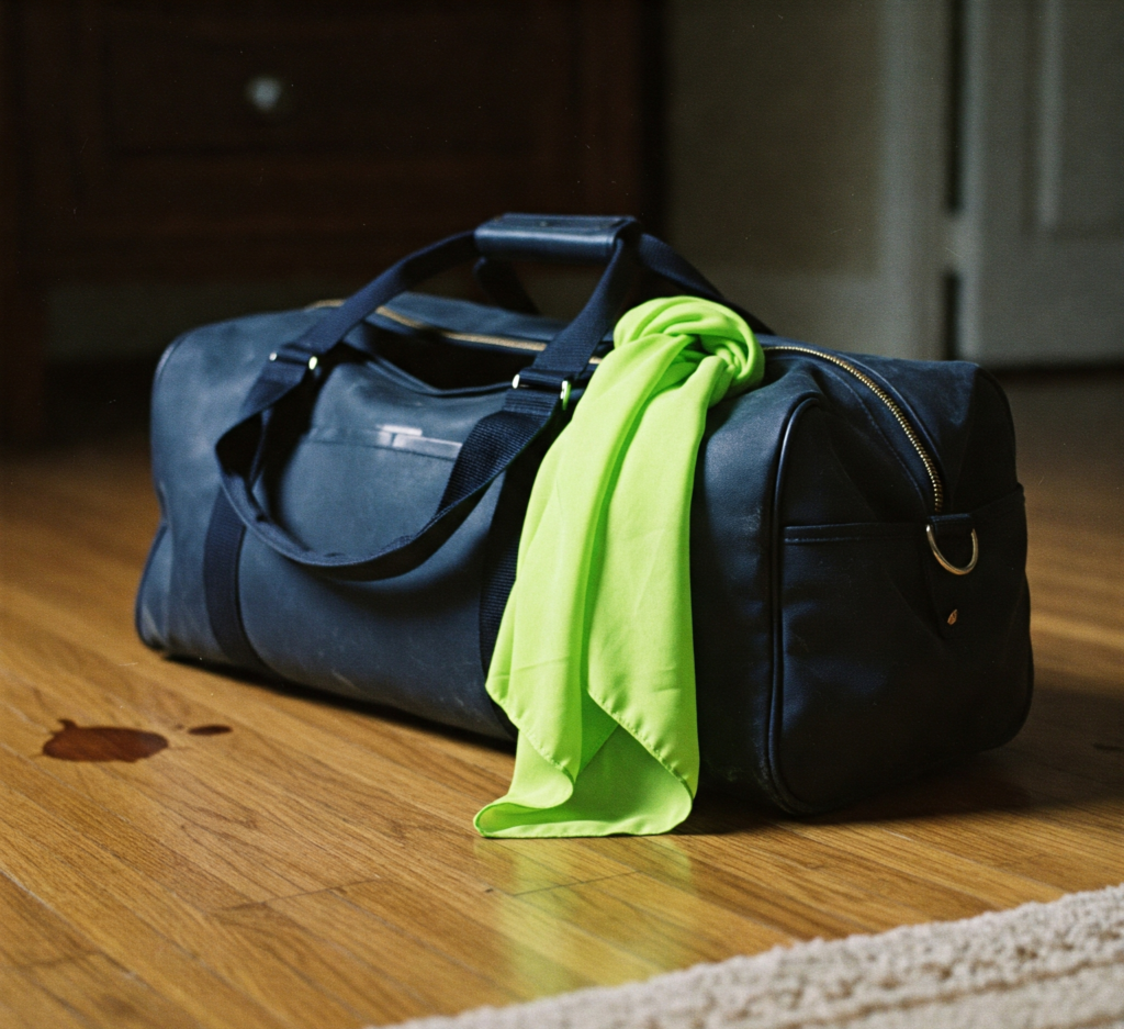 Messy carry-on bag with scarf and coffee-stained rug
