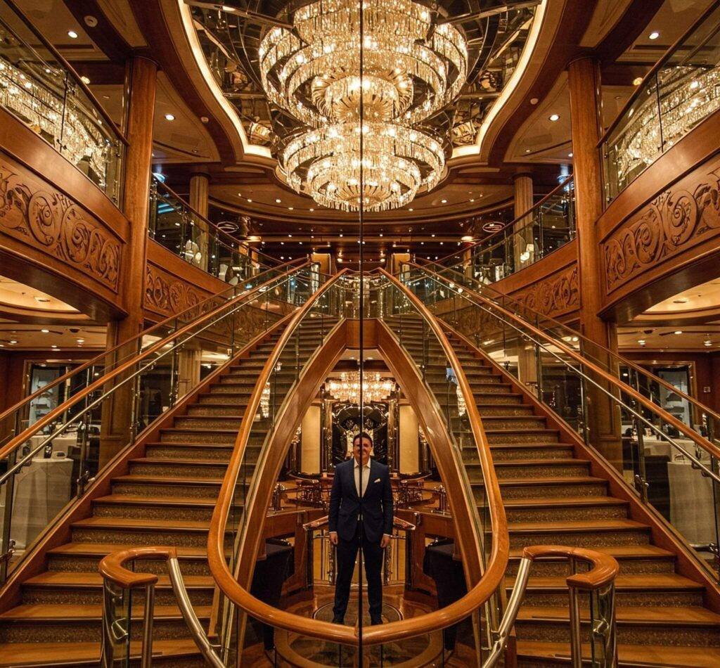 grand staircase of a luxury cruise ship