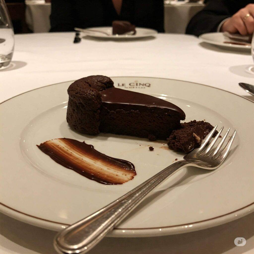 Dessert plate with chocolate smear and a dropped fork at Le Cinq in Paris
