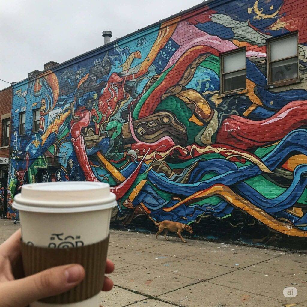 Colorful Pilsen mural with a blurry coffee cup 