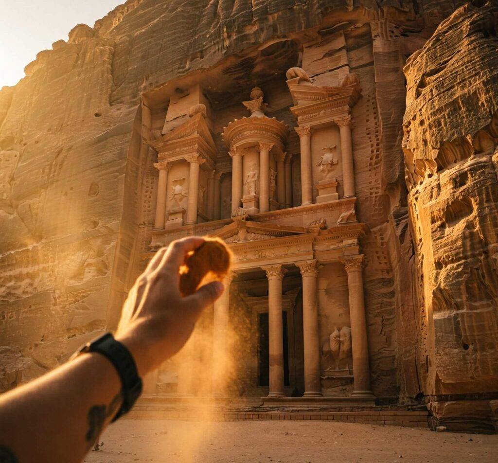 Dusty hand obscures a view of Petra's Treasury
