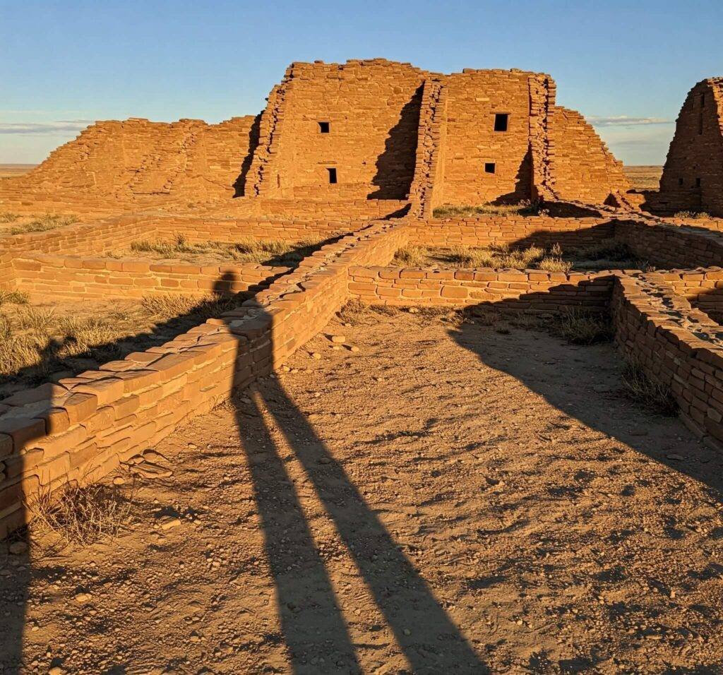 Dusk view of Chaco Canyon ruins with sneakers in frame