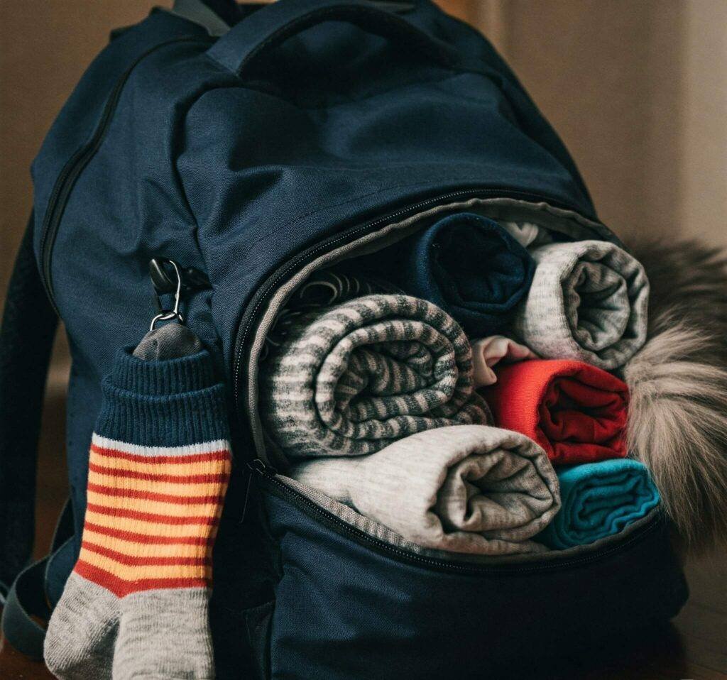 Rolled clothes in a backpack with a cat tail
