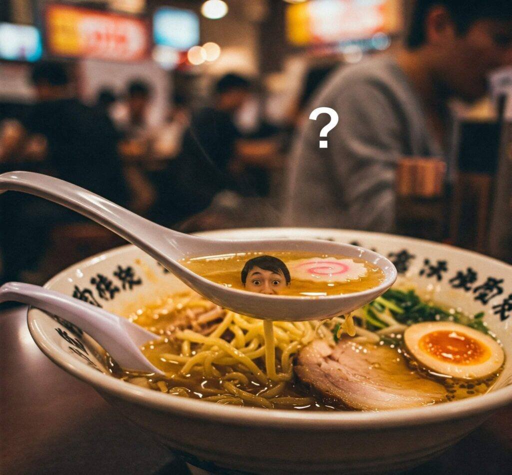 Overpriced ramen bowl in Shibuya with reflection in spoon