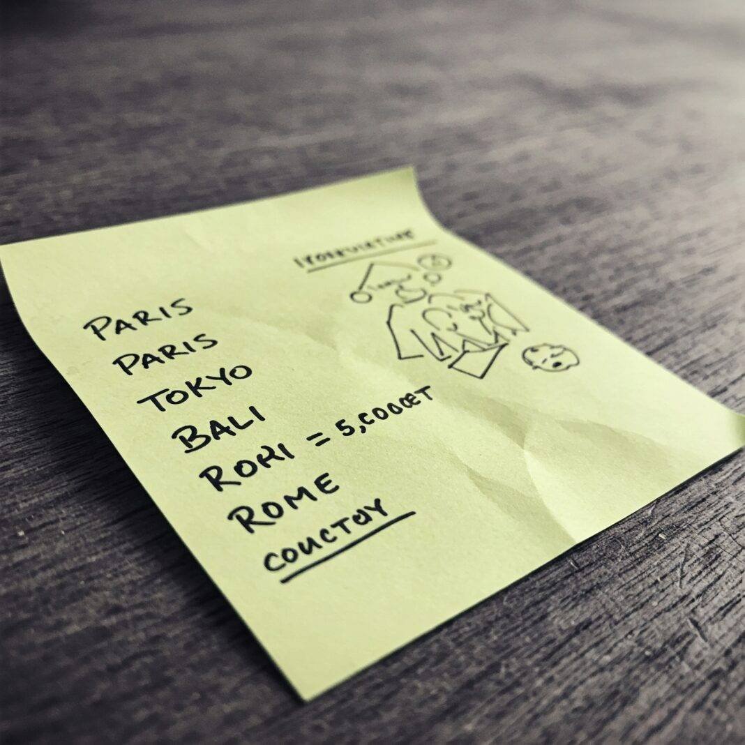 Crumpled sticky note with travel plans