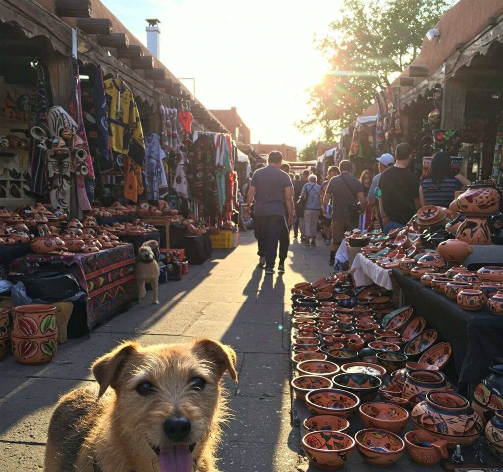 Santa Fe street market with textiles, pottery, and a dog