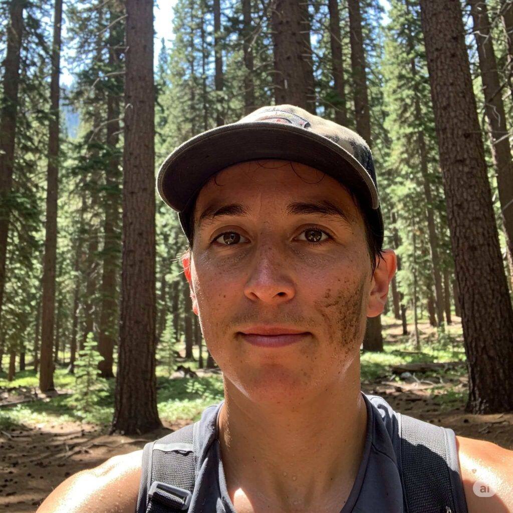Sweaty selfie on a hike with dirt on cheek.