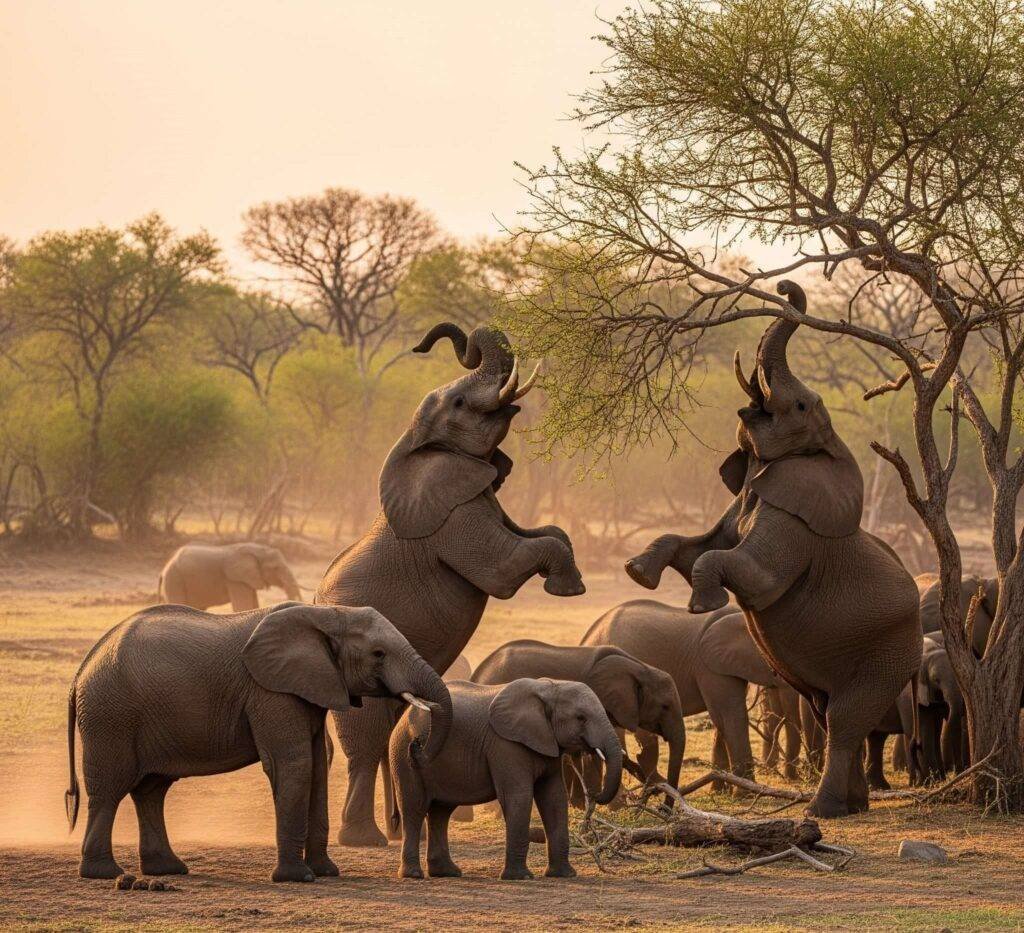 African elephants standing on hind legs in Zimbabwe