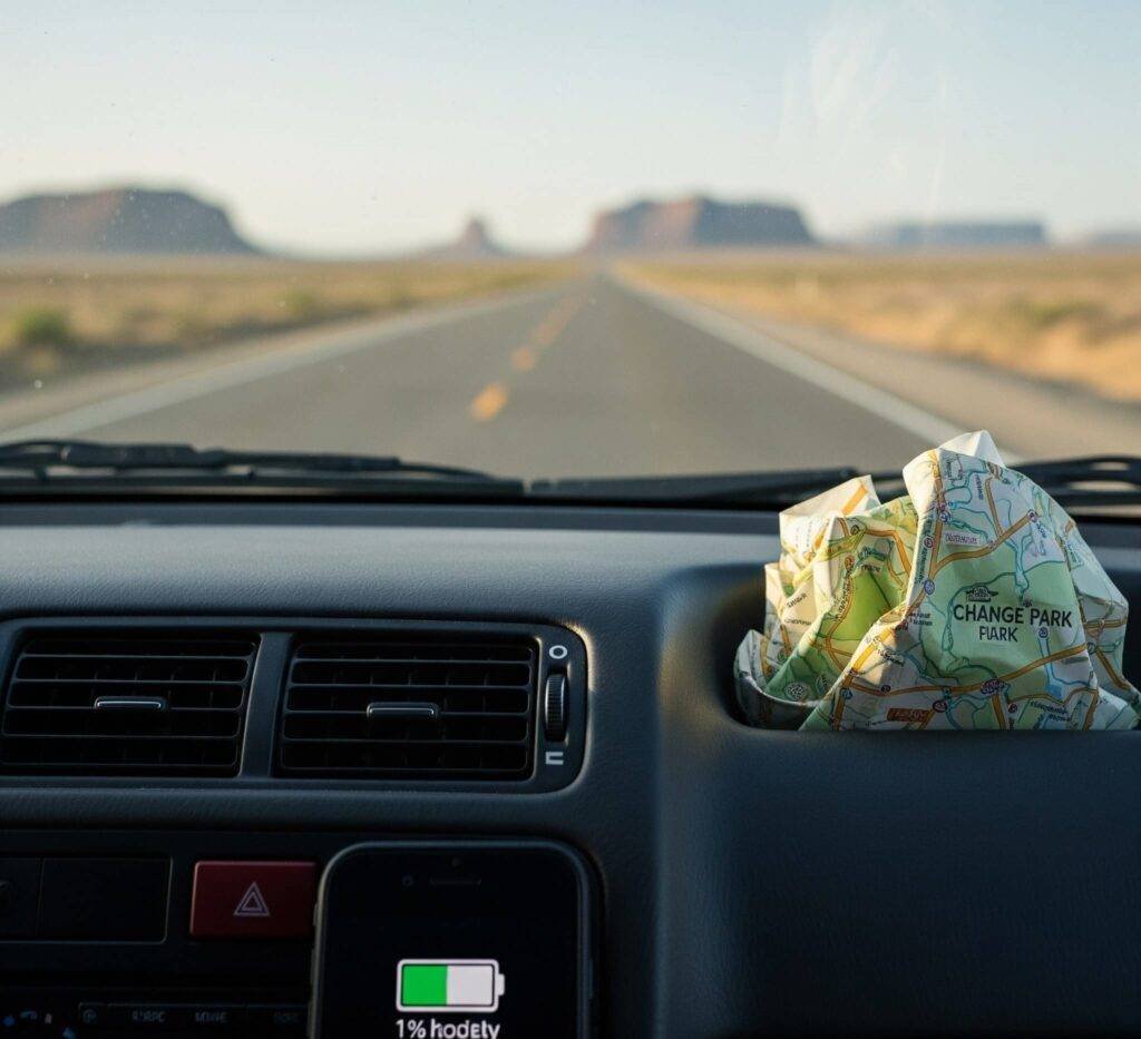 Low phone battery and crumpled map in a car