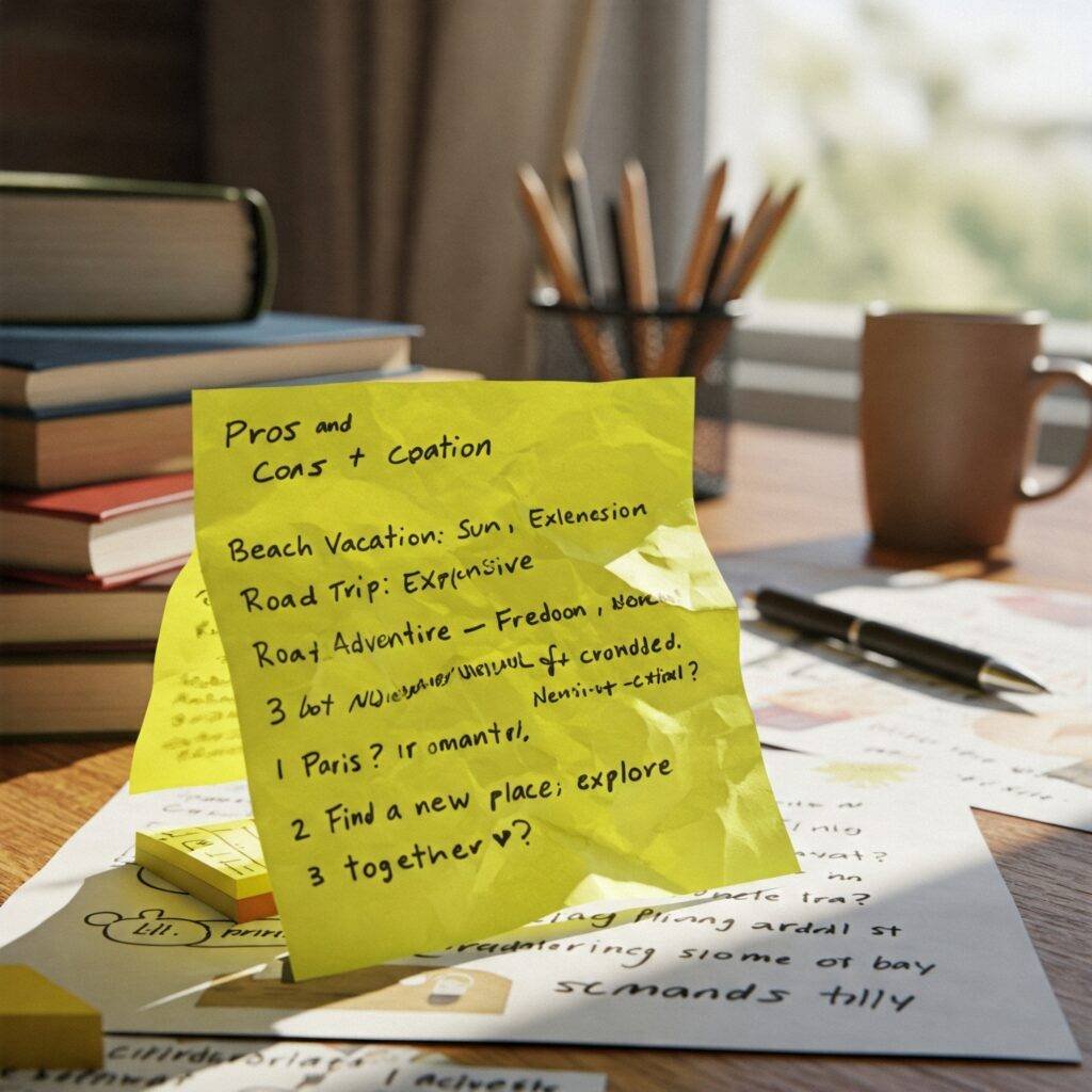 Romantic travel thoughts on a sticky note