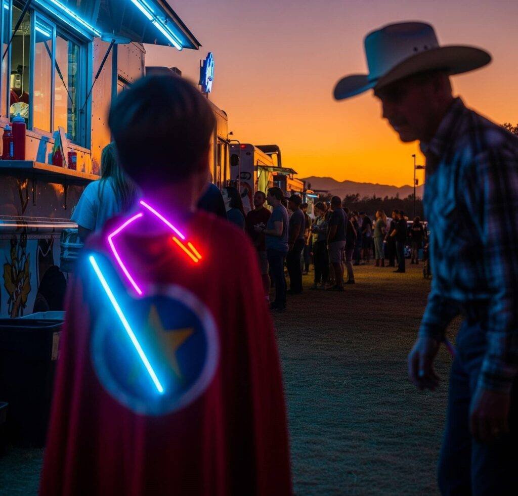 Blurry food truck line with superhero kid and cowboy.