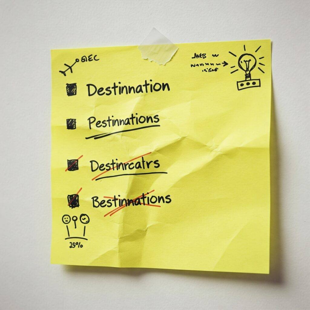 Sticky note with scribbled travel destination