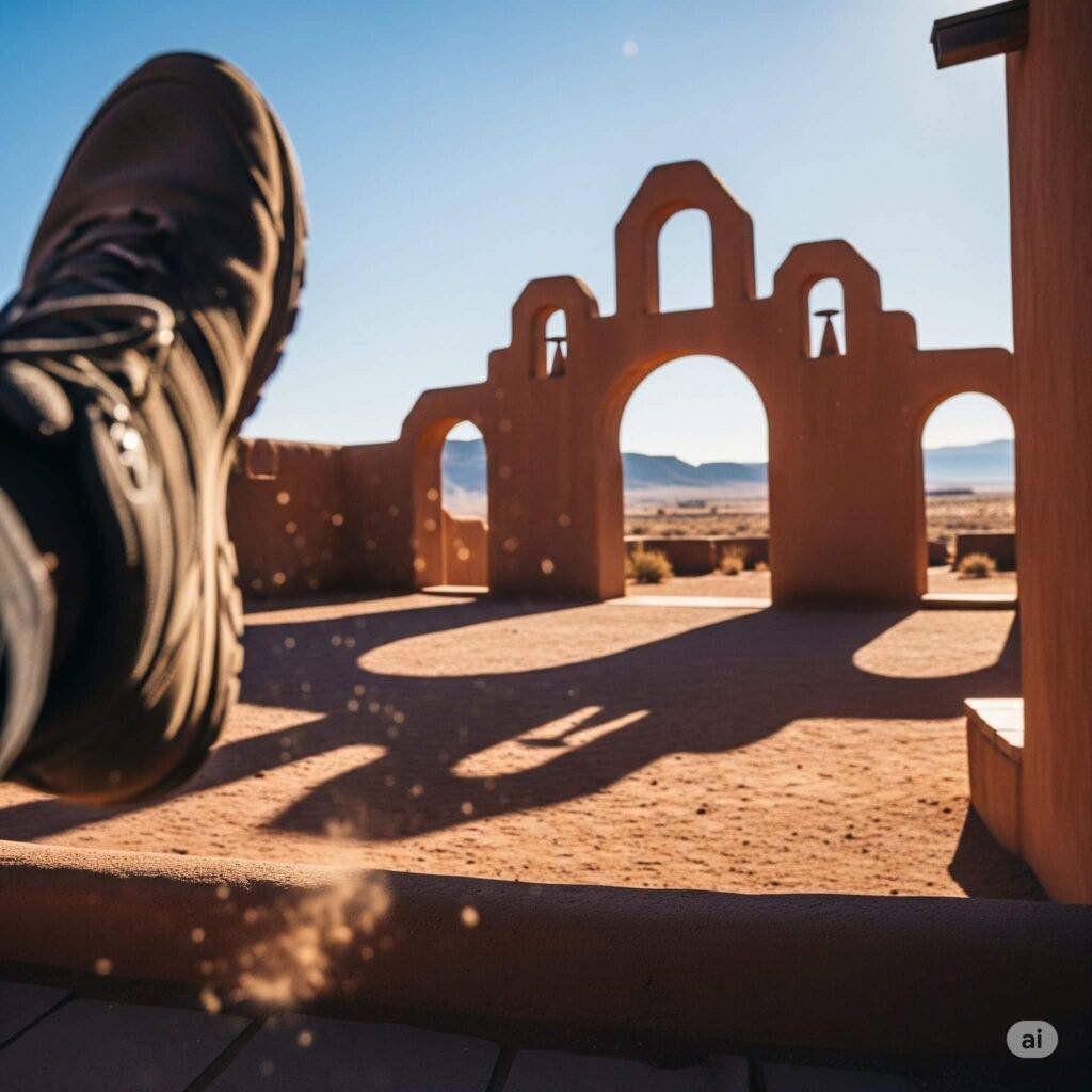 New Mexico adobe mission with a sneaker
