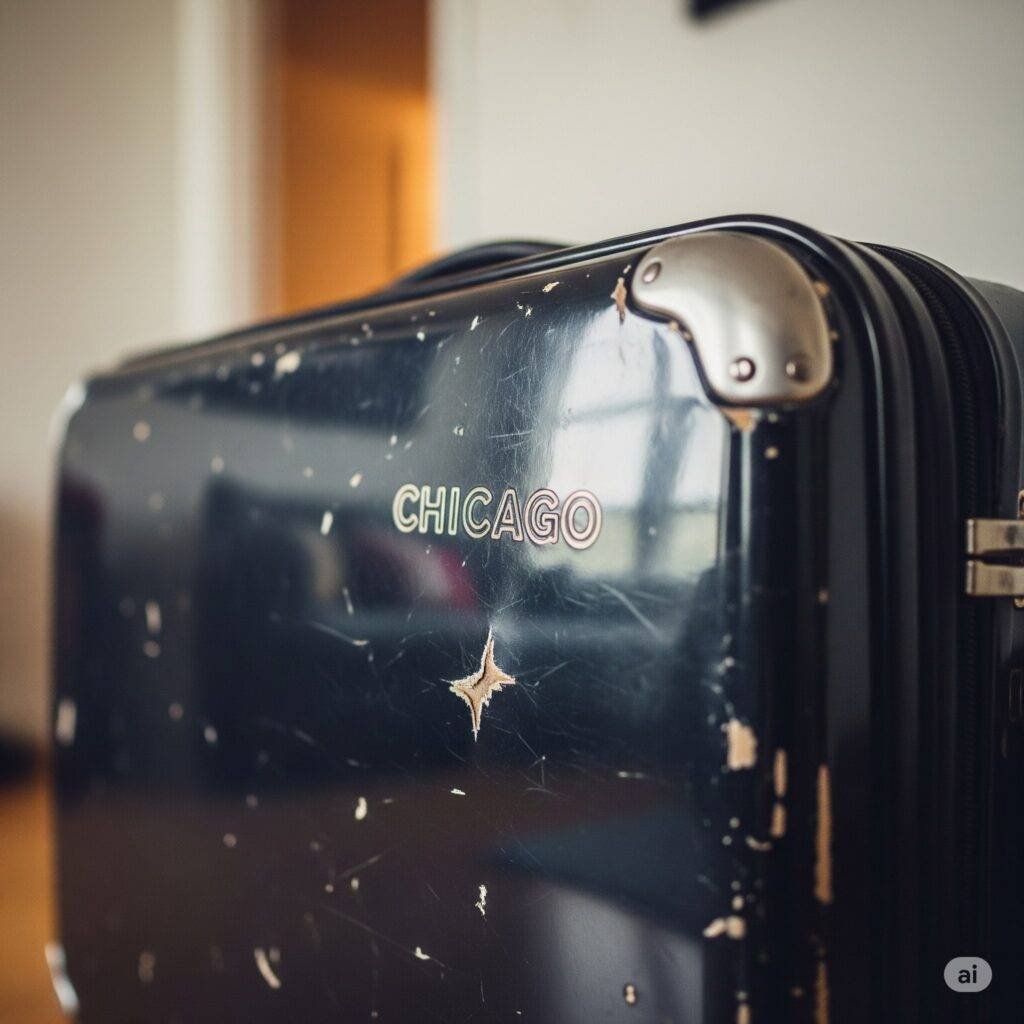 Dented black suitcase with apartment reflection