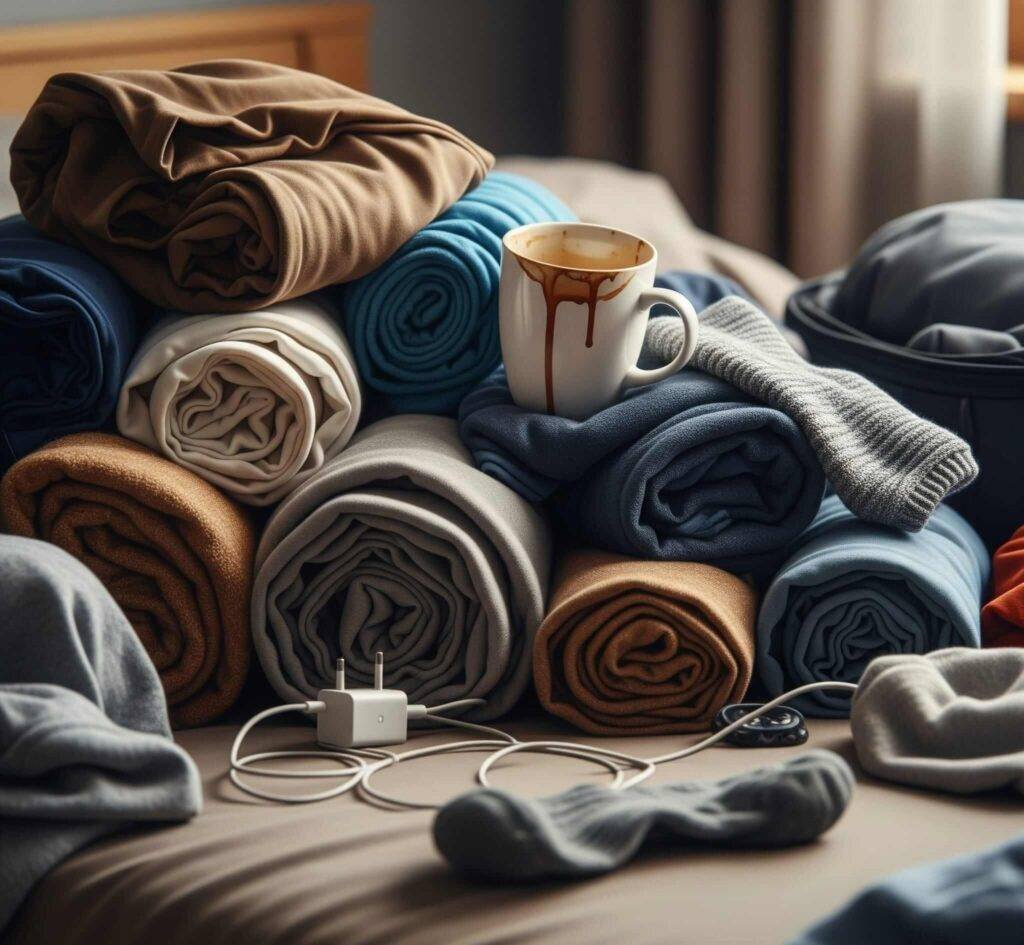 Messy bed with lumpy rolled clothes and coffee