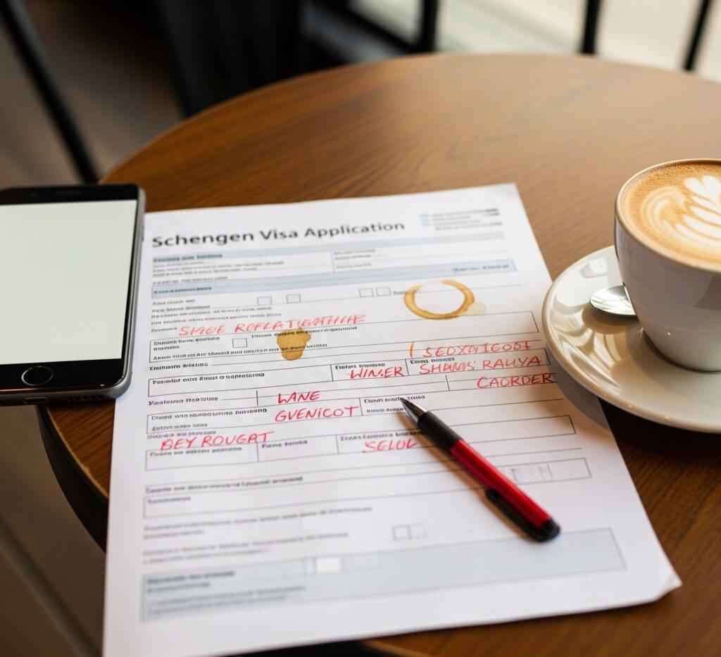 Coffee-stained Schengen visa form with red pen corrections