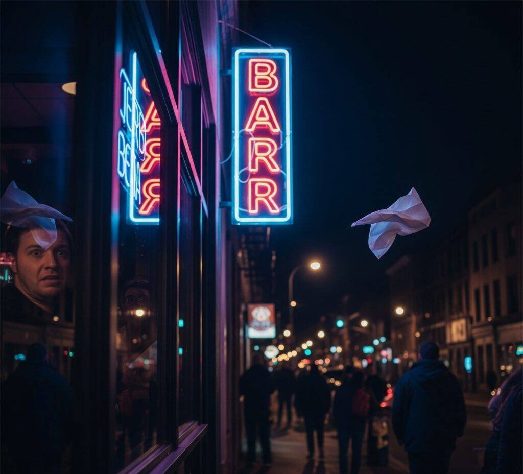 Frazzled reflection in a neon-lit bar window