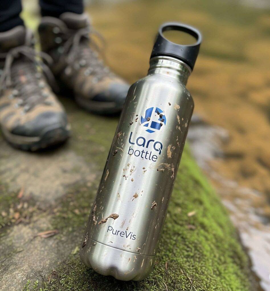 Larq Bottle on a mossy rock with muddy boots
