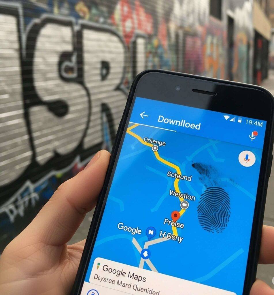 Smudged phone screen with offline Google Map on a graffitied wall
