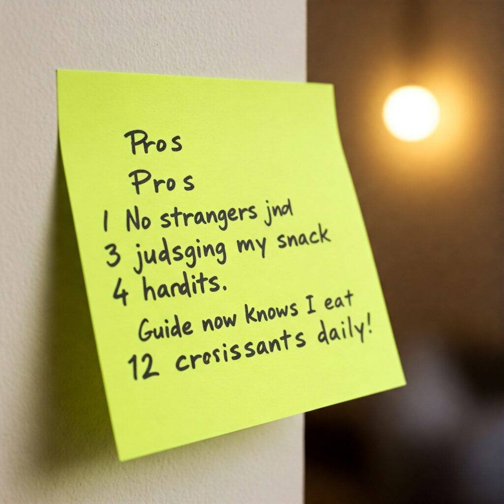 A sticky note showing pros and cons list for private tours