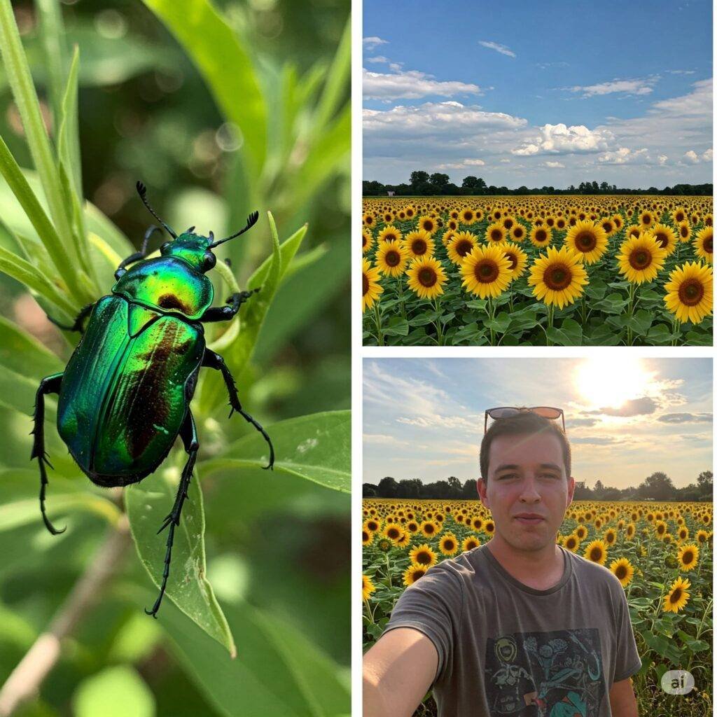 Close-up of shiny green beetle, slightly crooked sunflower field, US selfie