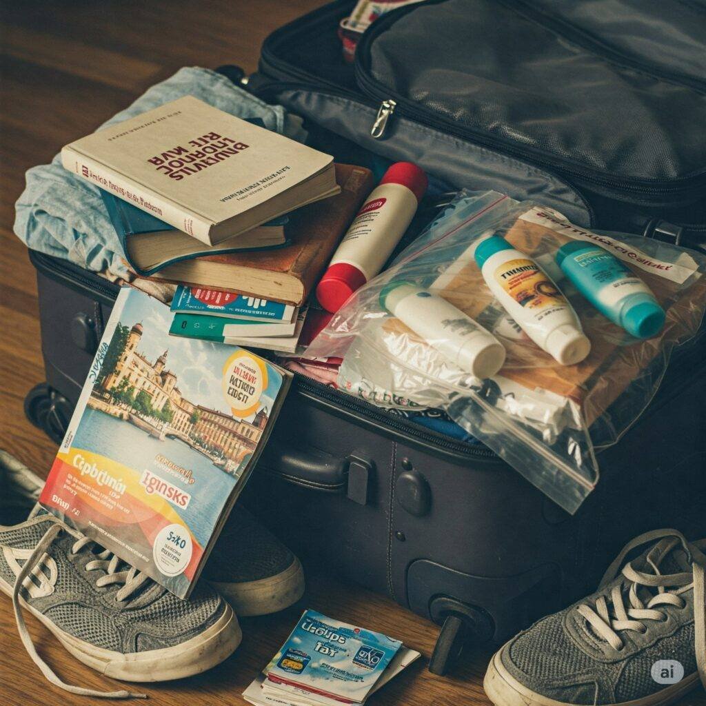 Slightly messy open suitcase with books and snacks