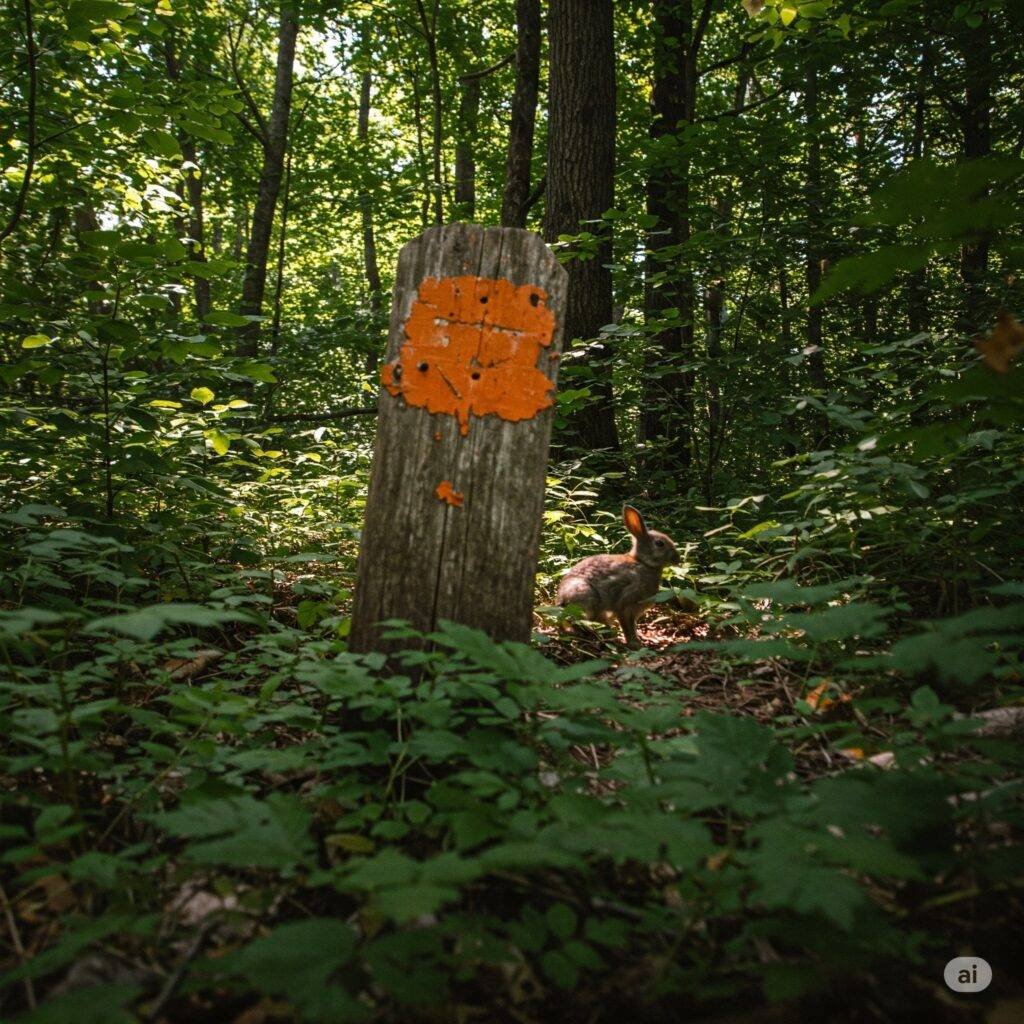 Slightly blurry trail marker with a surprise bunny