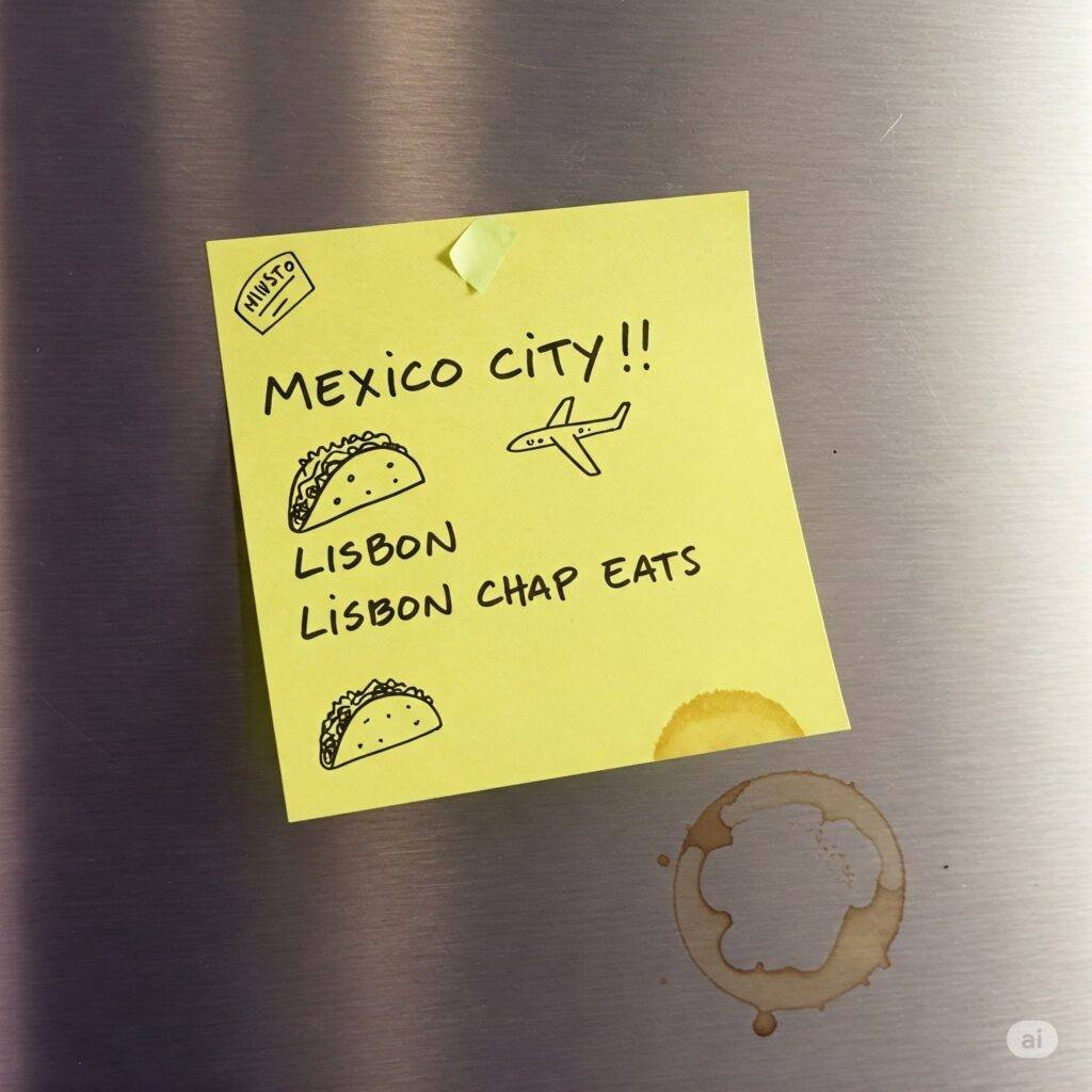 Sticky note with travel budget list and doodle
