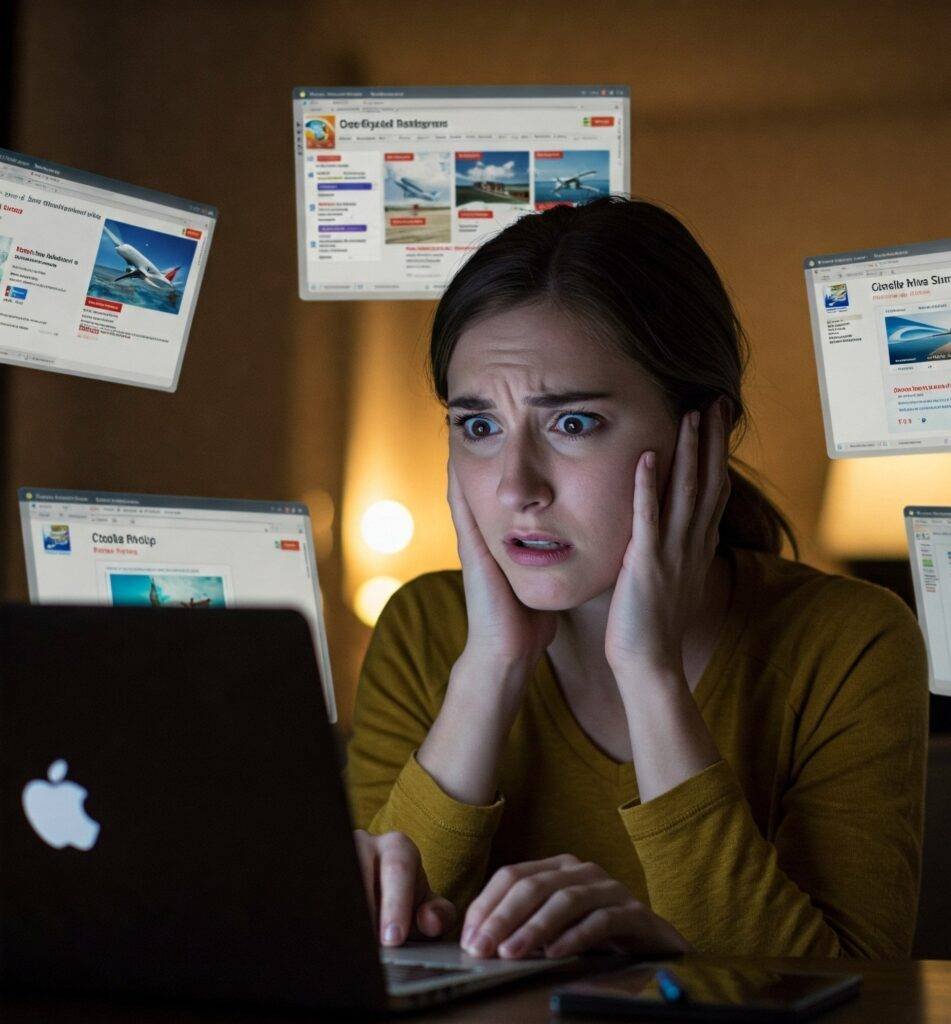 Confused person looking at many flight websites